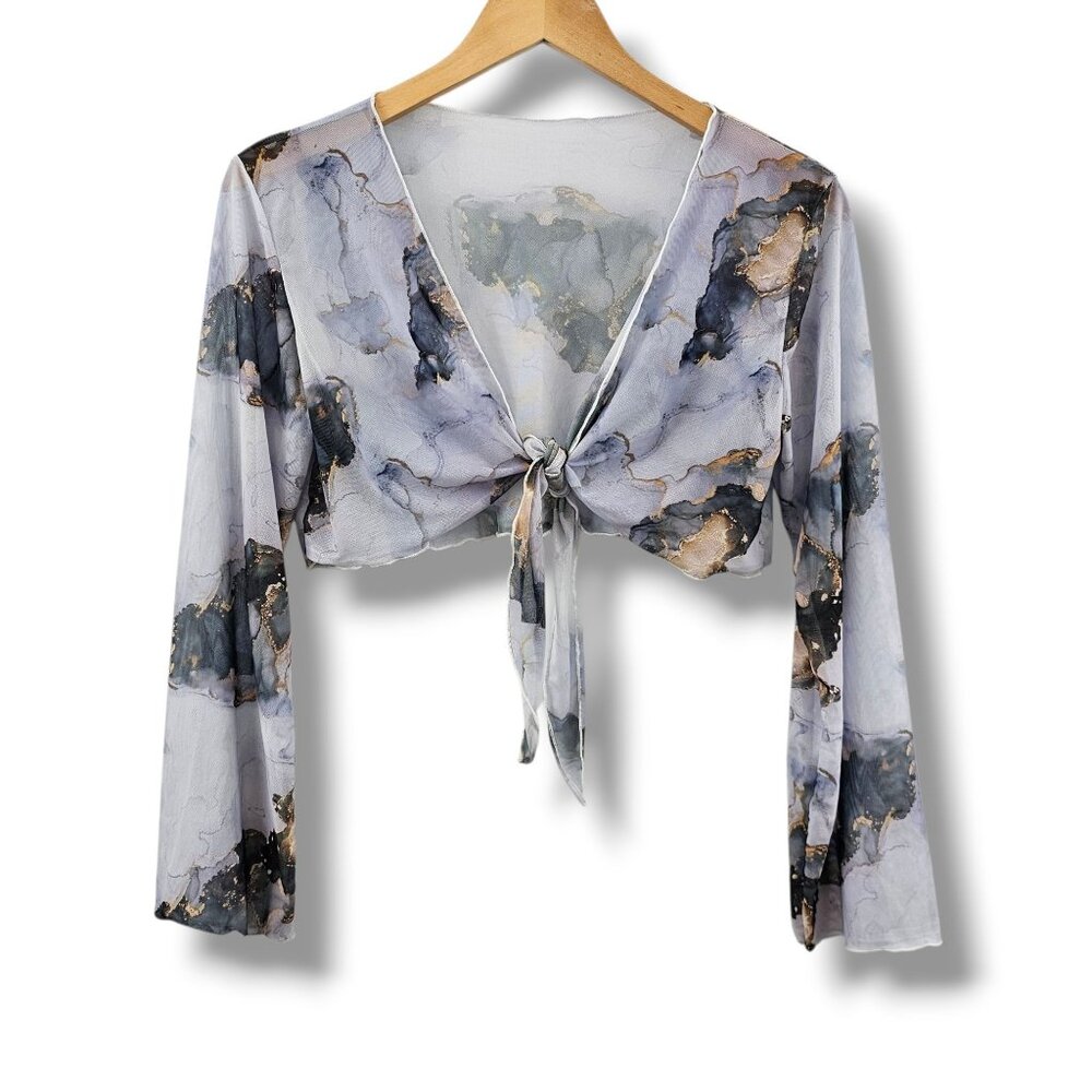 Sheer Watercolor Tie-Front Crop Top Long Sleeve Mesh Fairy Whimsigoth Gypsy Boho